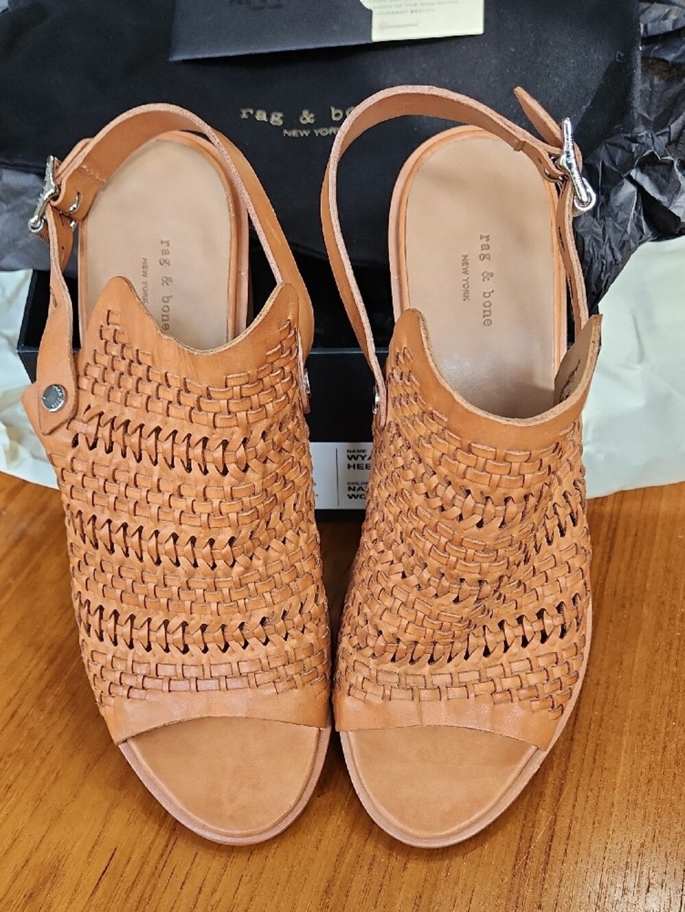 rag & bone Tan Wyatt Mid Heel Natual Woven Leather Slingback Mules